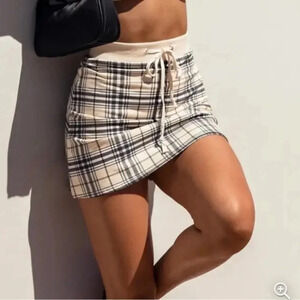 Princess Polly - Plaid Checkered Miniskirt - Beige/Brown - Drawstring Waistband